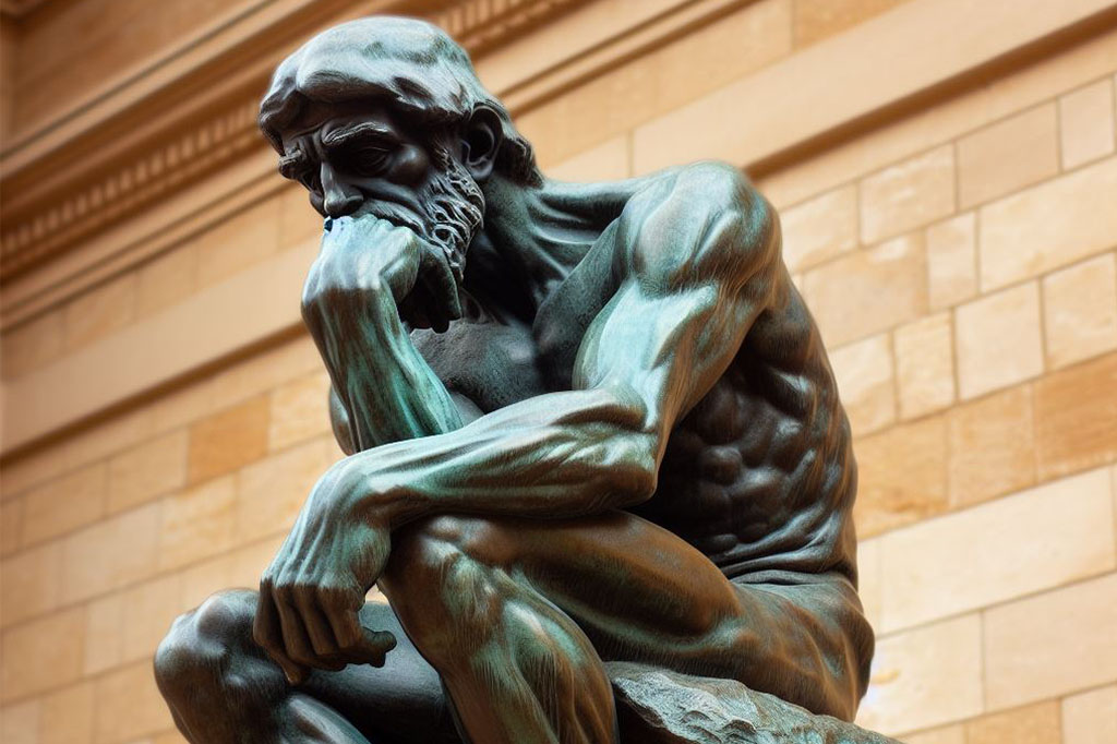 Homem sentado com a mão ao queixo concentrando pensando