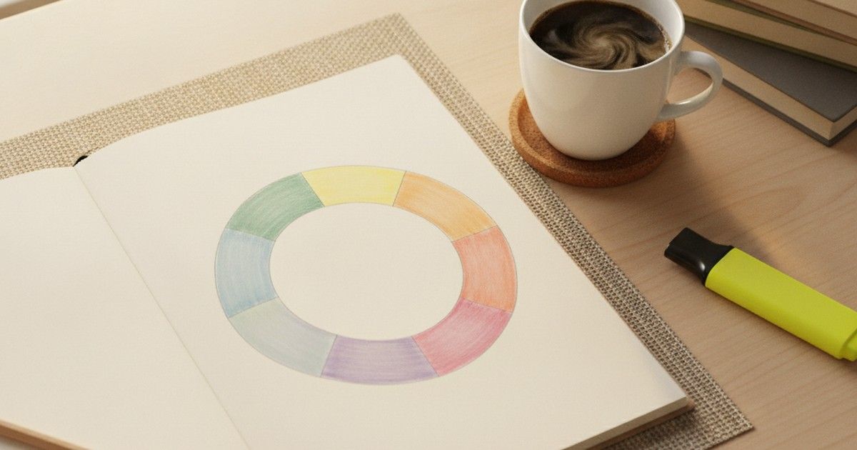 Uma roda colorida dividida em fatias desenhada em um caderno sobre a mesa de estudos, representando um ciclo de estudos
