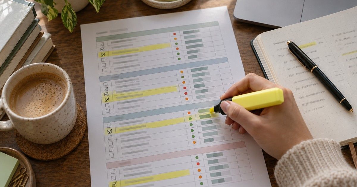 Uma planilha impressa com linhas marcadas em amarelo ao lado de um caderno aberto, representando um edital verticalizado